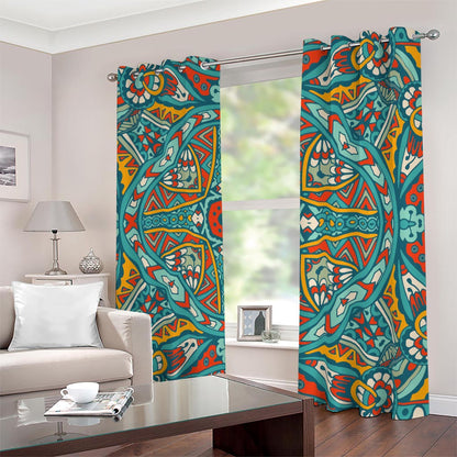 Teal Bohemian Mandala Pattern Print Blackout Grommet Curtains