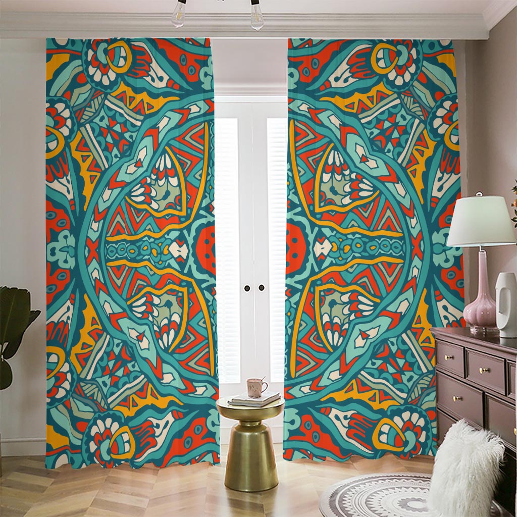 Teal Bohemian Mandala Pattern Print Blackout Pencil Pleat Curtains