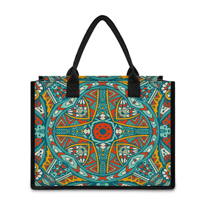 Teal Bohemian Mandala Pattern Print Canvas Tote Bag