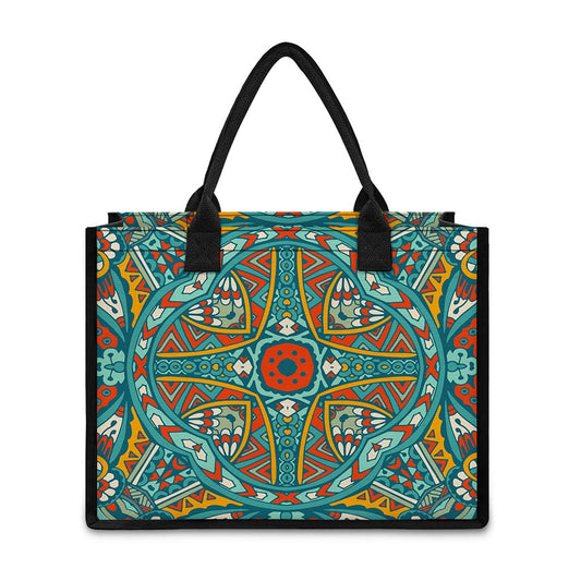 Teal Bohemian Mandala Pattern Print Canvas Tote Bag