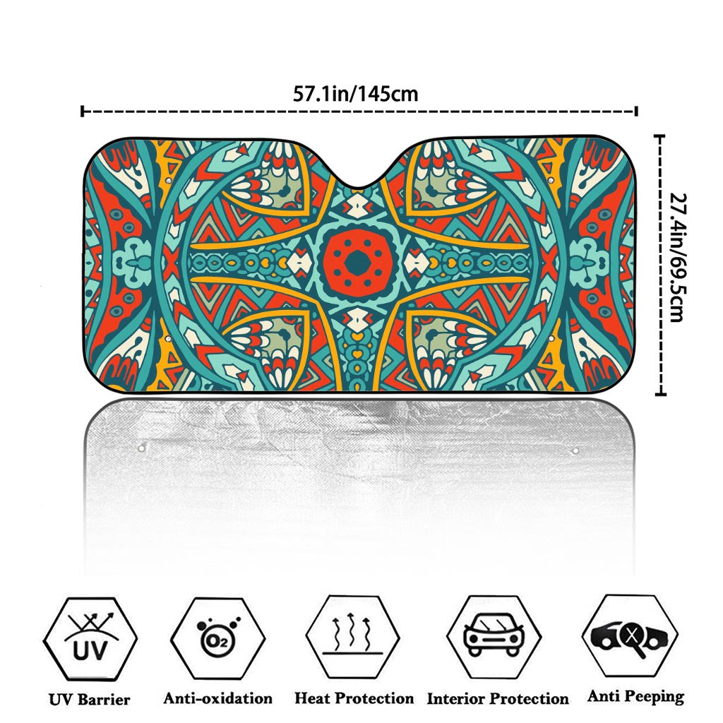 Teal Bohemian Mandala Pattern Print Car Windshield Sun Shade