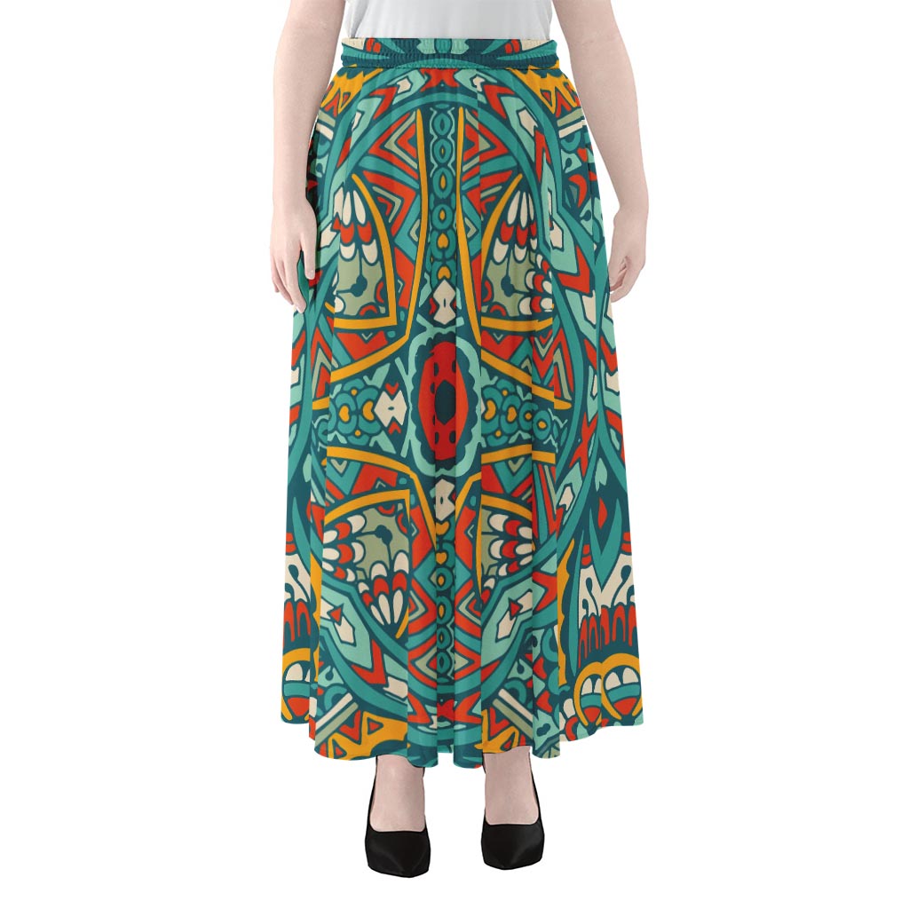 Teal Bohemian Mandala Pattern Print Chiffon Maxi Skirt