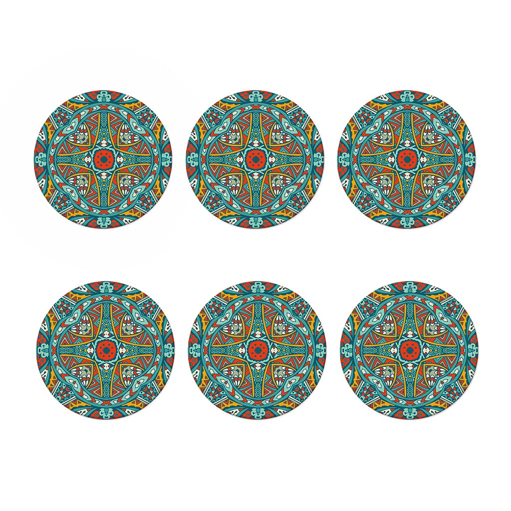 Teal Bohemian Mandala Pattern Print Coaster Set