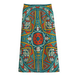 Teal Bohemian Mandala Pattern Print Cotton Front Slit Maxi Skirt