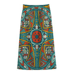 Teal Bohemian Mandala Pattern Print Cotton Front Slit Maxi Skirt