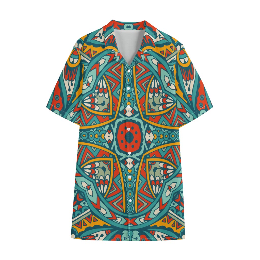 Teal Bohemian Mandala Pattern Print Cotton Hawaiian Shirt