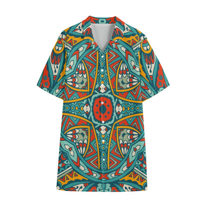 Teal Bohemian Mandala Pattern Print Cotton Hawaiian Shirt