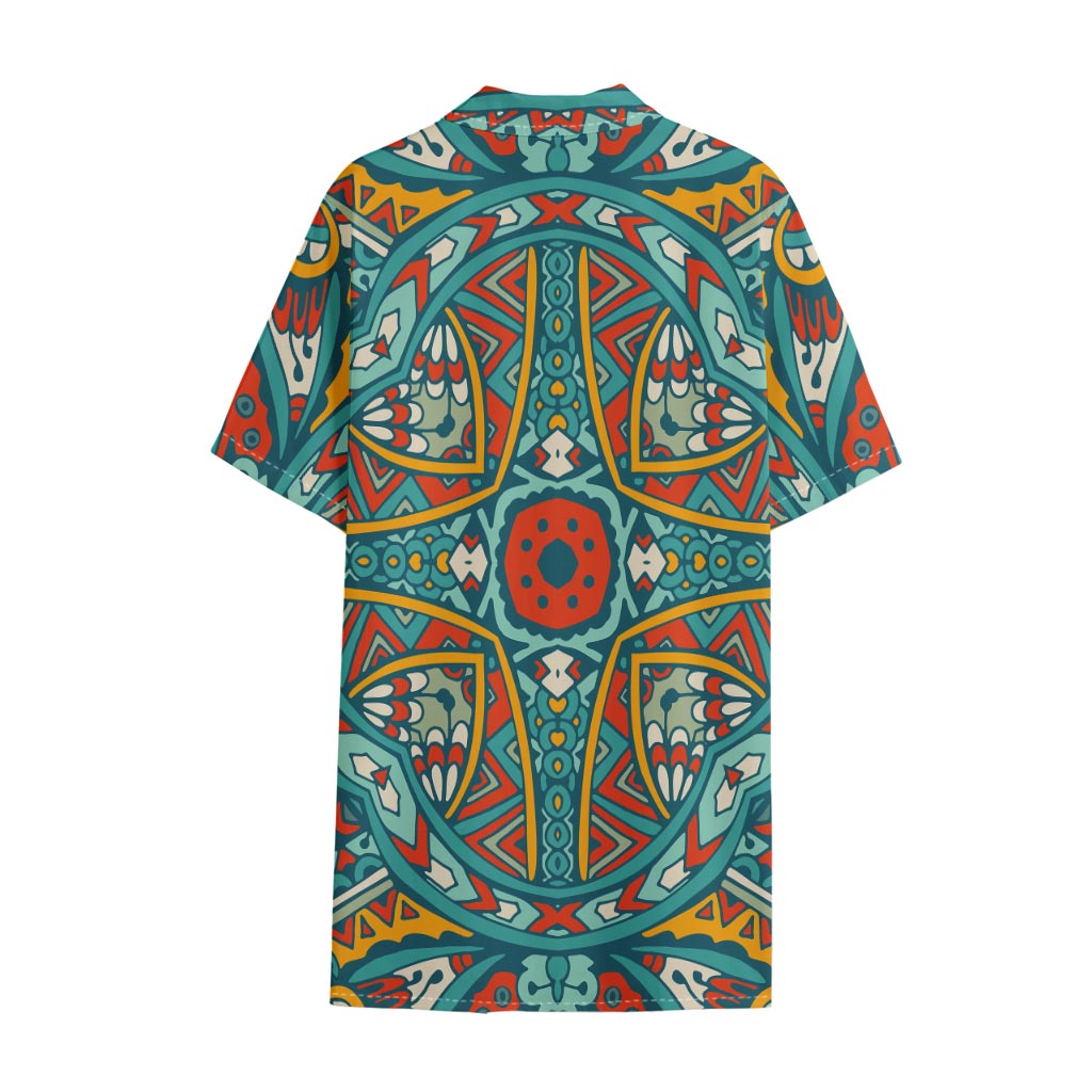 Teal Bohemian Mandala Pattern Print Cotton Hawaiian Shirt