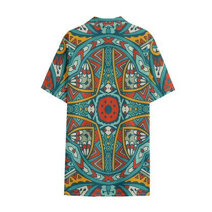 Teal Bohemian Mandala Pattern Print Cotton Hawaiian Shirt
