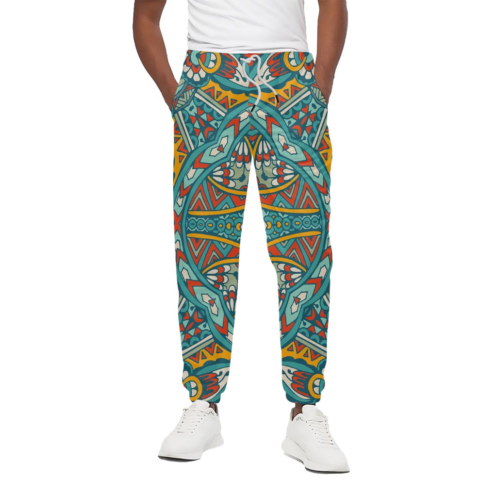 Teal Bohemian Mandala Pattern Print Cotton Pants