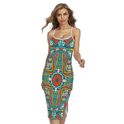 Teal Bohemian Mandala Pattern Print Cross Back Cami Dress