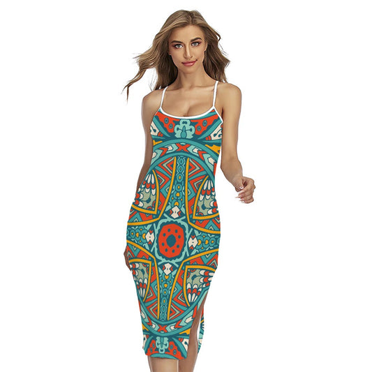 Teal Bohemian Mandala Pattern Print Cross Back Cami Dress
