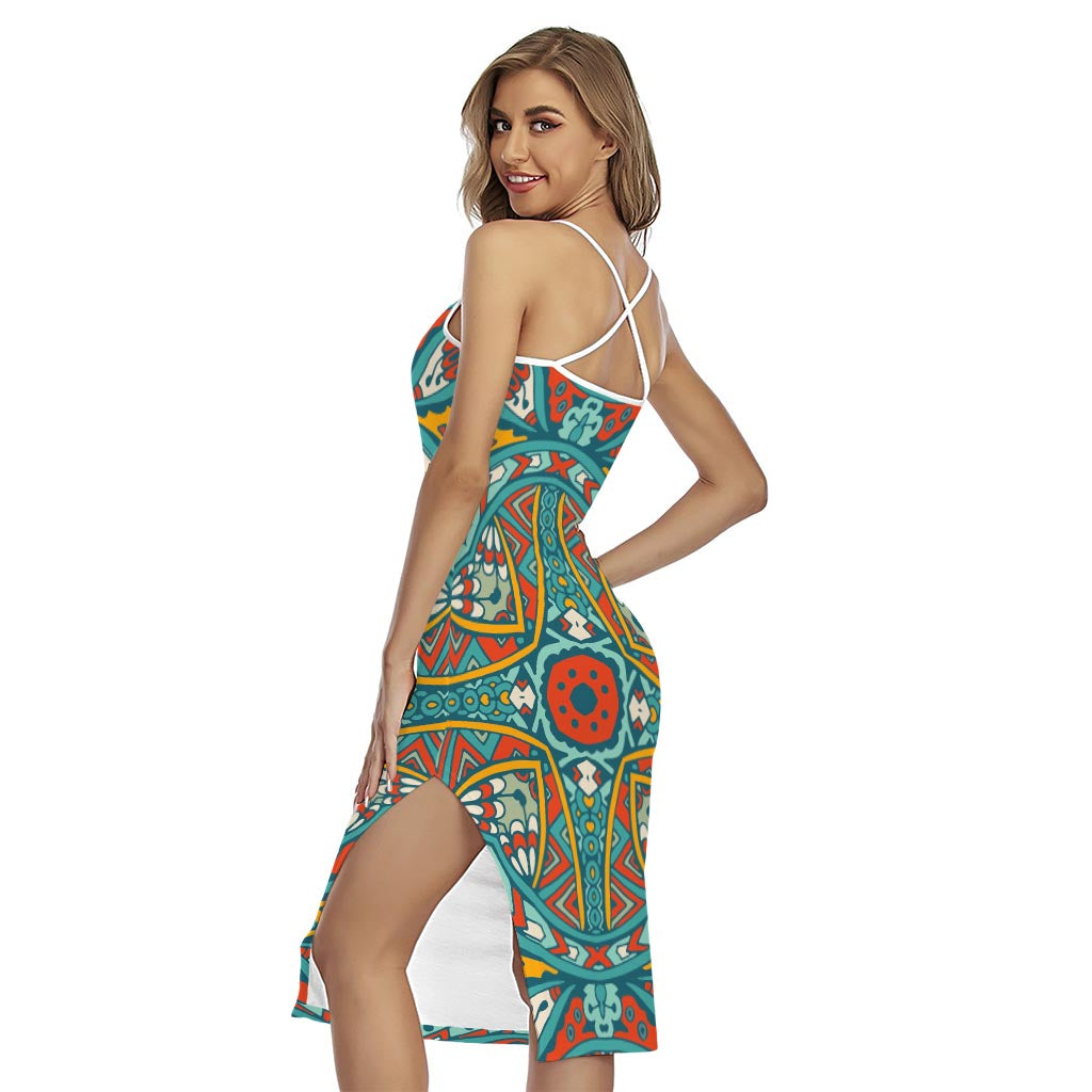 Teal Bohemian Mandala Pattern Print Cross Back Cami Dress