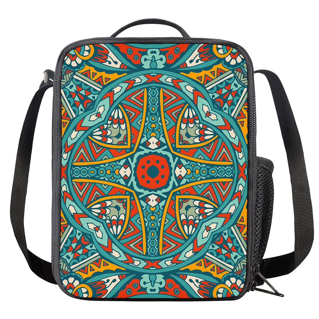 Teal Bohemian Mandala Pattern Print Crossbody Lunch Bag