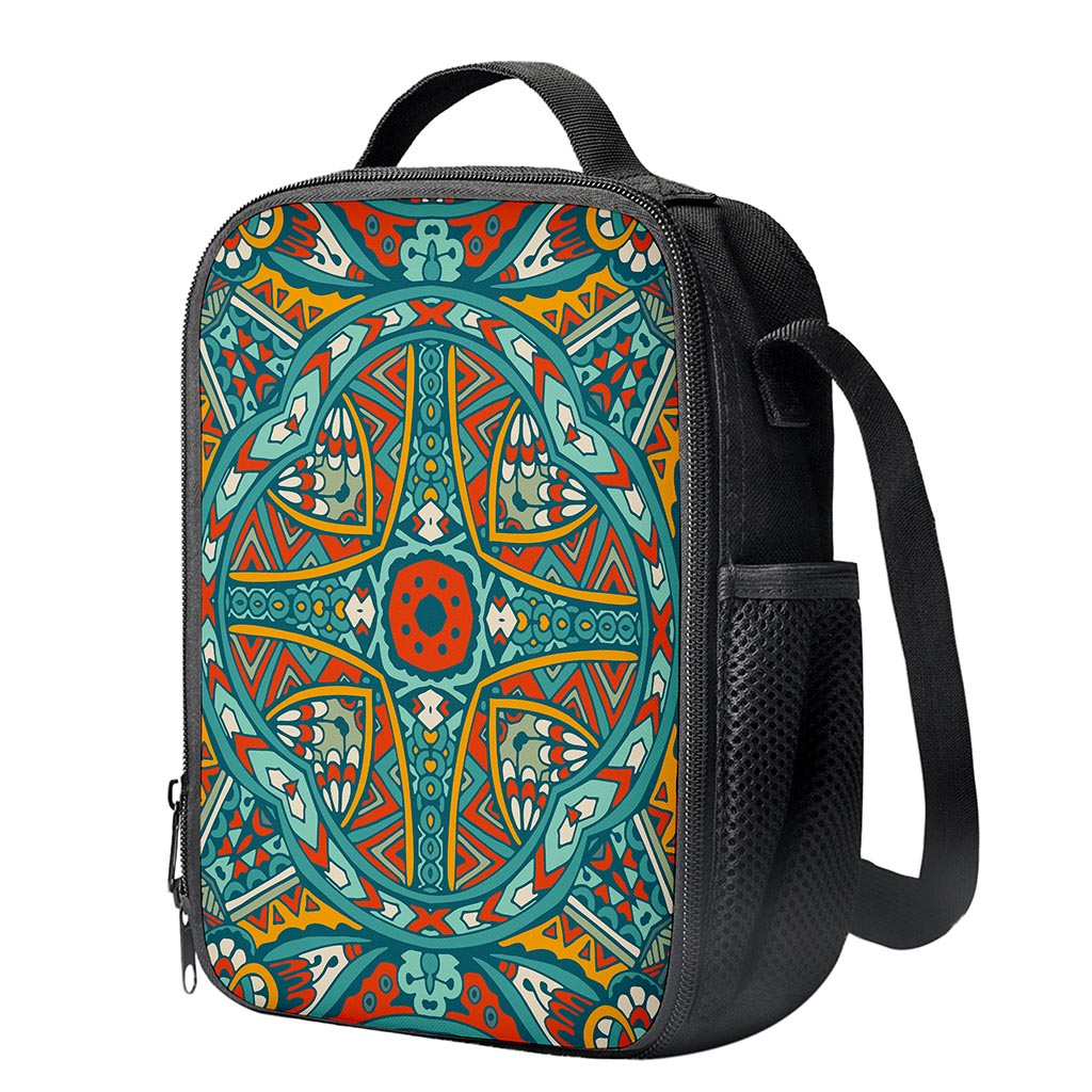 Teal Bohemian Mandala Pattern Print Crossbody Lunch Bag