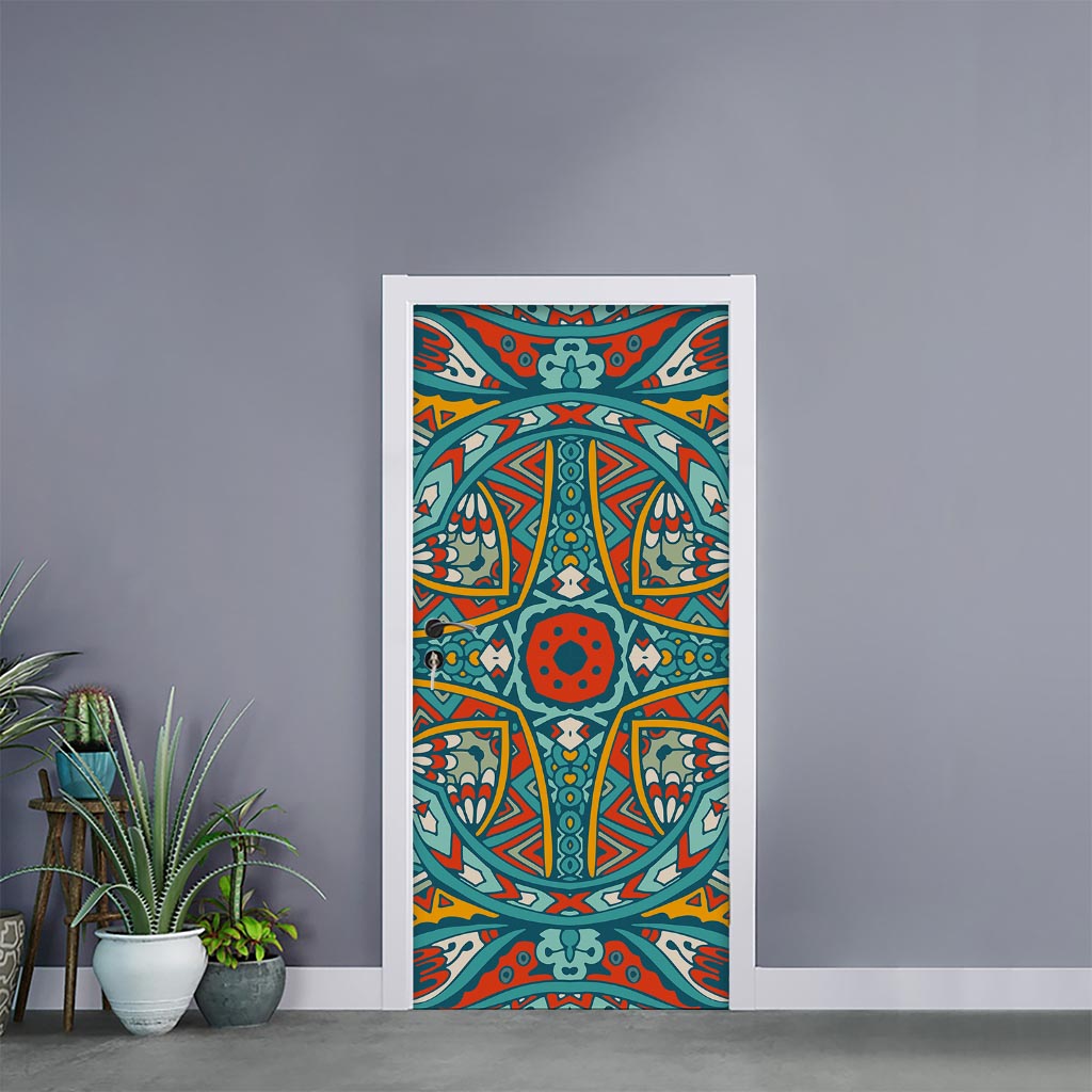 Teal Bohemian Mandala Pattern Print Door Sticker