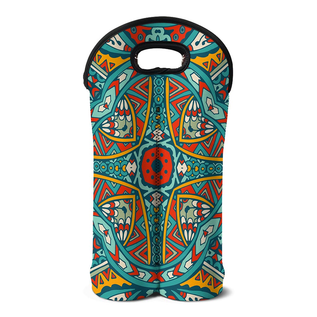 Teal Bohemian Mandala Pattern Print Double Neoprene Wine Tote