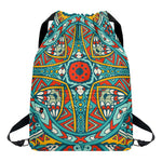 Teal Bohemian Mandala Pattern Print Drawstring Backpack