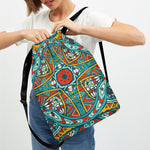 Teal Bohemian Mandala Pattern Print Drawstring Backpack