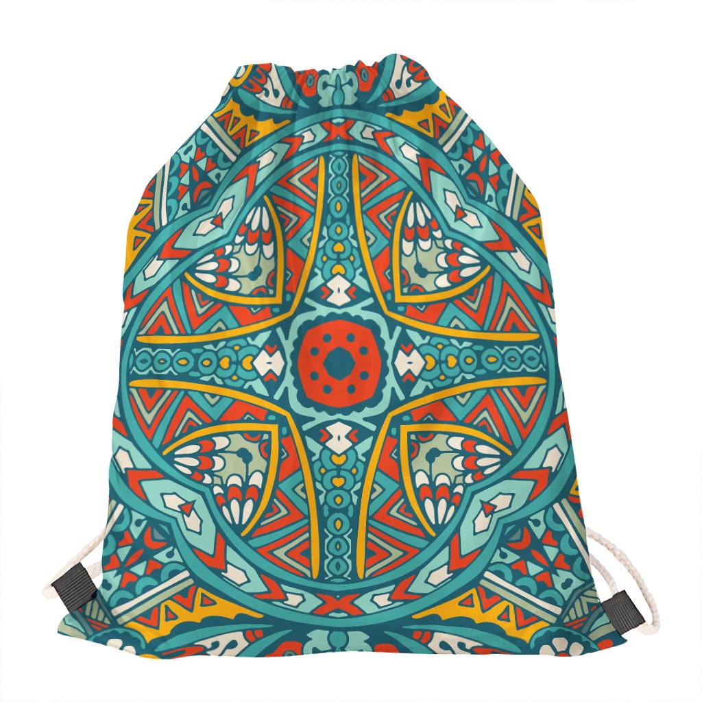 Teal Bohemian Mandala Pattern Print Drawstring Bag