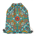 Teal Bohemian Mandala Pattern Print Drawstring Bag