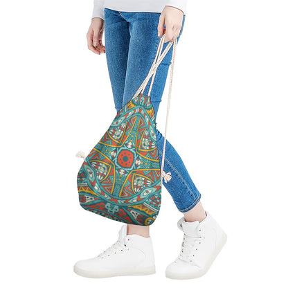 Teal Bohemian Mandala Pattern Print Drawstring Bag