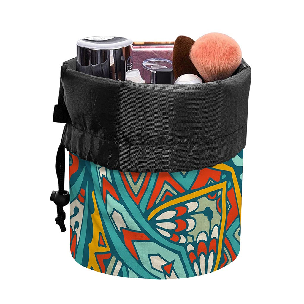Teal Bohemian Mandala Pattern Print Drawstring Makeup Bag