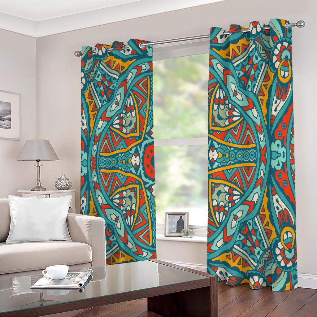 Teal Bohemian Mandala Pattern Print Extra Wide Grommet Curtains