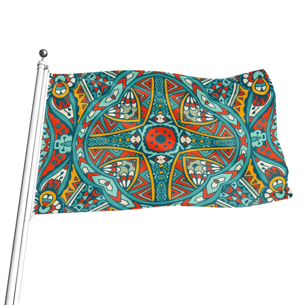 Teal Bohemian Mandala Pattern Print Flag