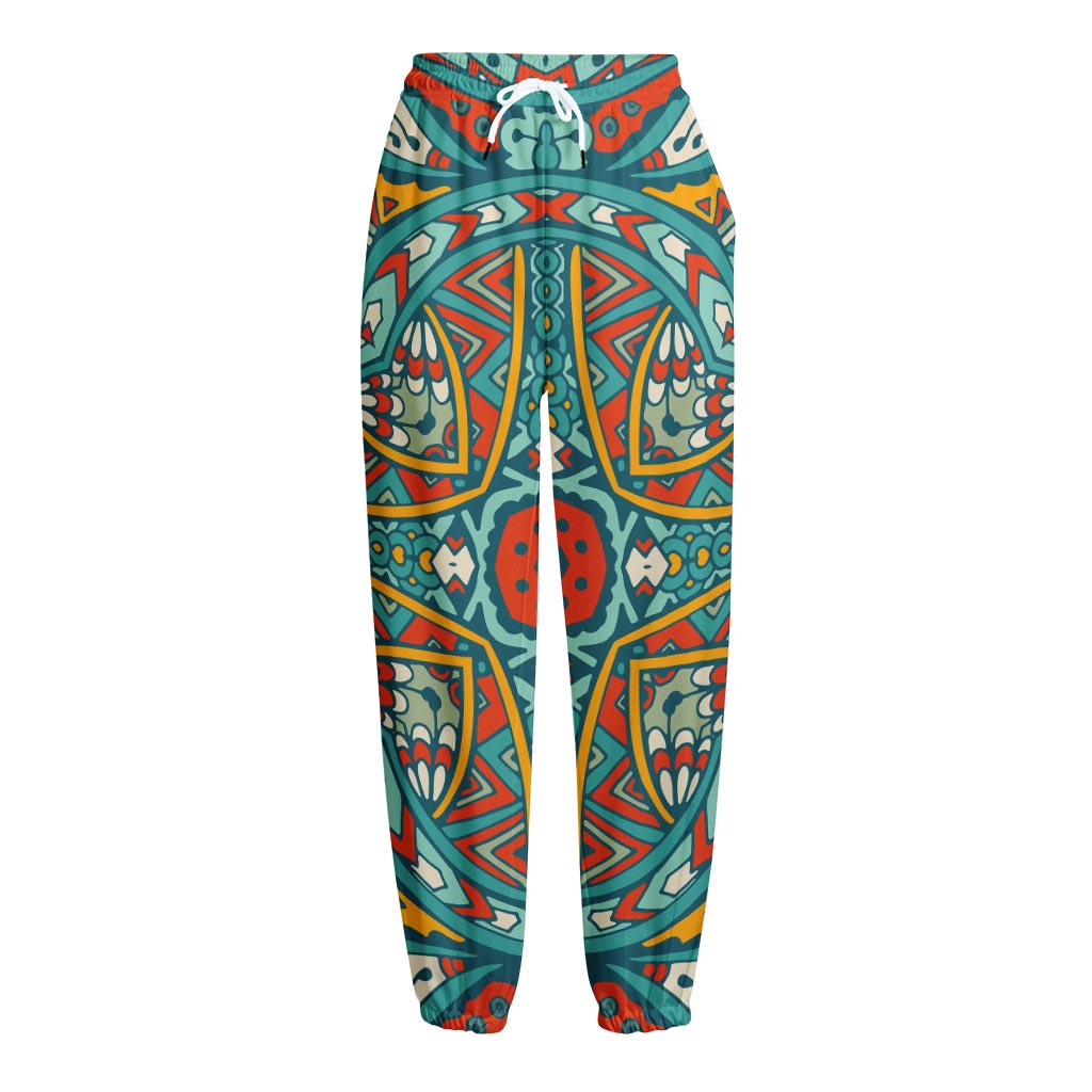 Teal Bohemian Mandala Pattern Print Fleece Lined Knit Pants