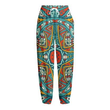 Teal Bohemian Mandala Pattern Print Fleece Lined Knit Pants