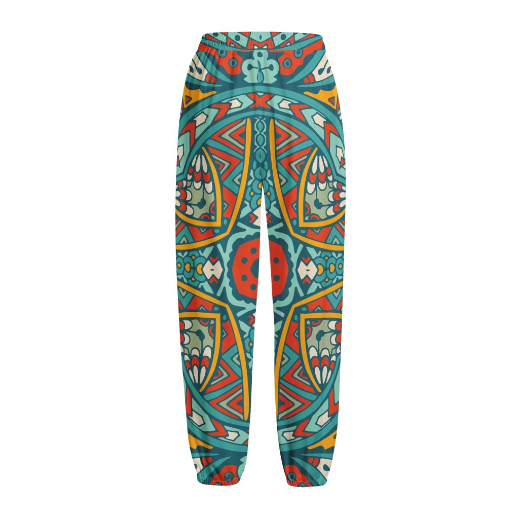 Teal Bohemian Mandala Pattern Print Fleece Lined Knit Pants