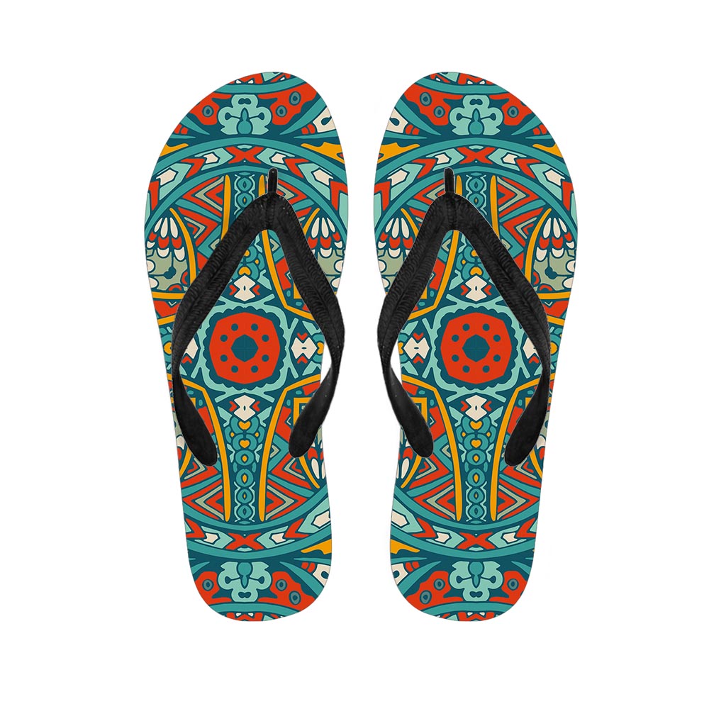 Teal Bohemian Mandala Pattern Print Flip Flops