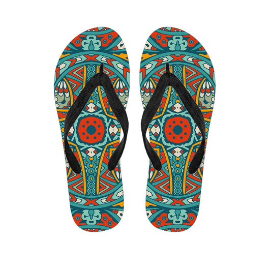 Teal Bohemian Mandala Pattern Print Flip Flops