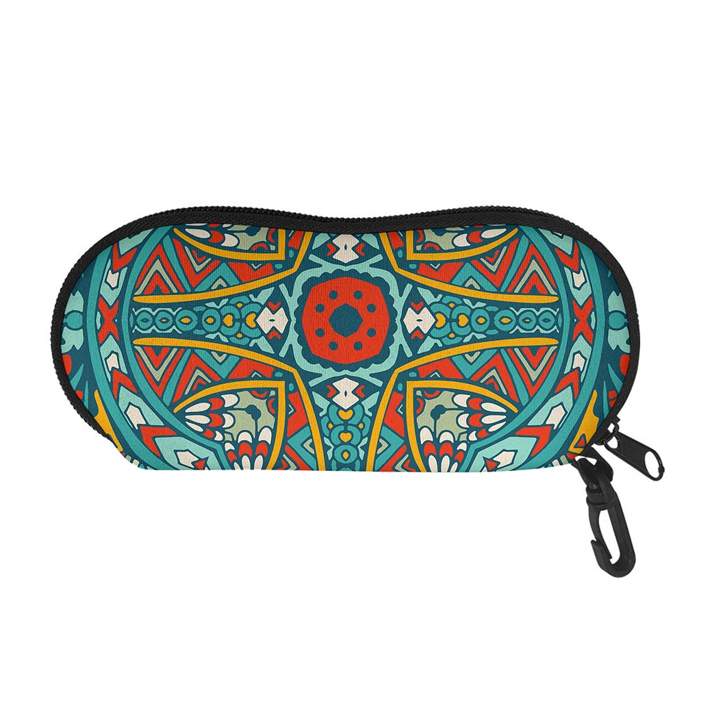 Teal Bohemian Mandala Pattern Print Glasses Case