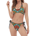 Teal Bohemian Mandala Pattern Print Halter Scoop Tie Side Bikini
