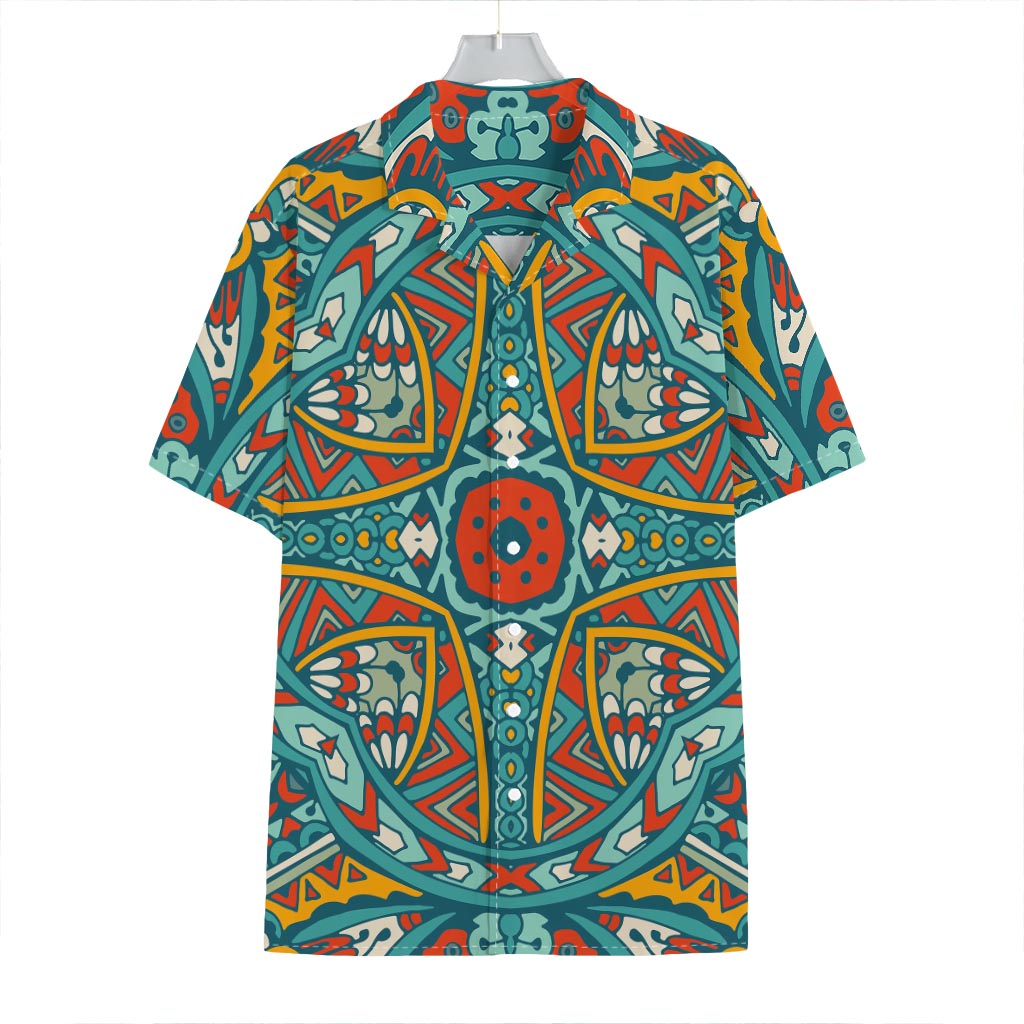 Teal Bohemian Mandala Pattern Print Hawaiian Shirt