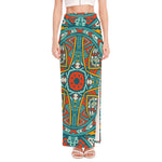 Teal Bohemian Mandala Pattern Print High Slit Maxi Skirt