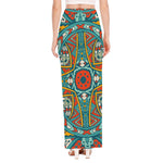 Teal Bohemian Mandala Pattern Print High Slit Maxi Skirt
