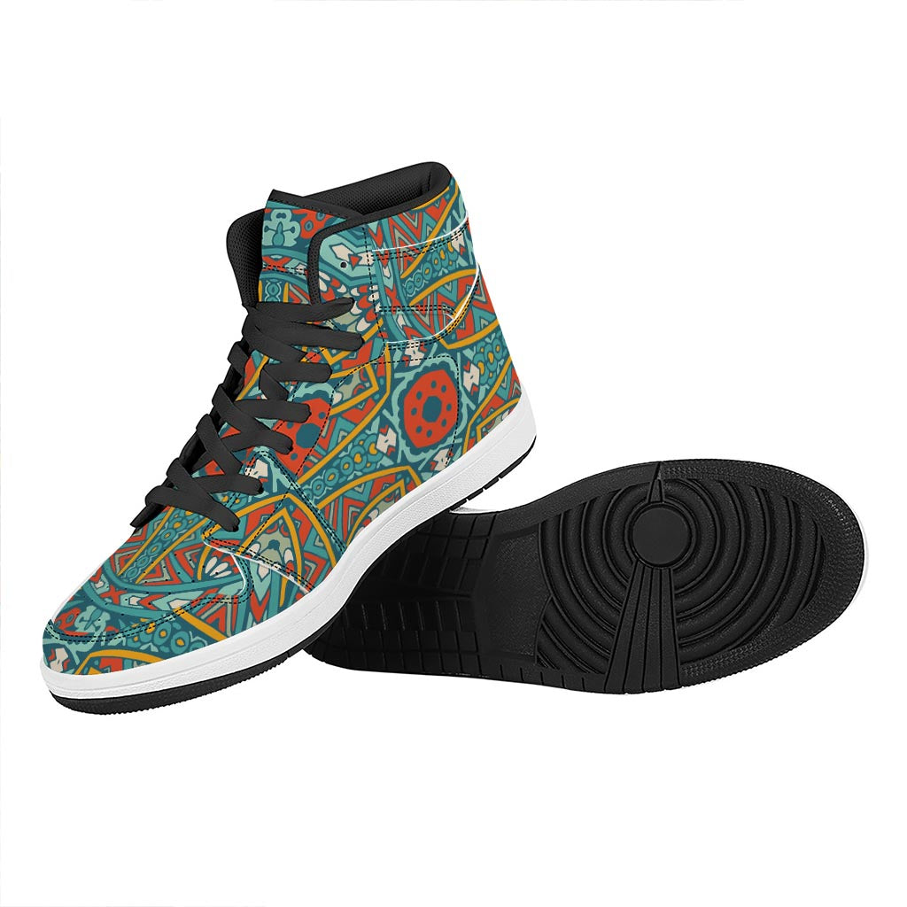 Teal Bohemian Mandala Pattern Print High Top Leather Sneakers