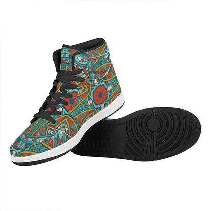 Teal Bohemian Mandala Pattern Print High Top Leather Sneakers