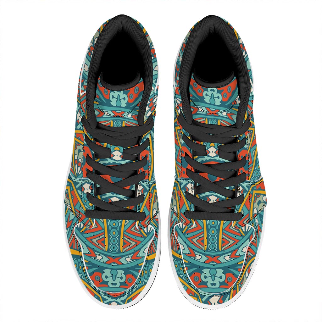 Teal Bohemian Mandala Pattern Print High Top Leather Sneakers
