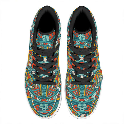 Teal Bohemian Mandala Pattern Print High Top Leather Sneakers