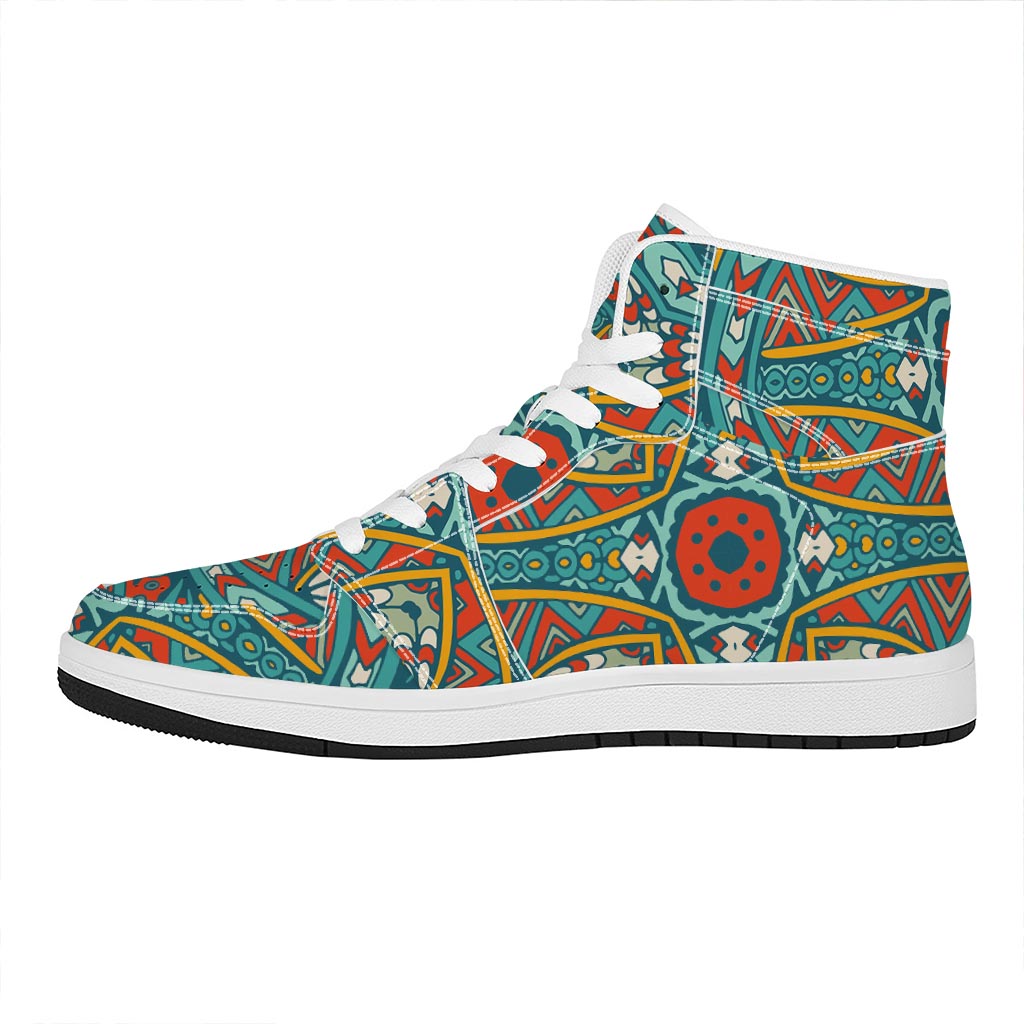 Teal Bohemian Mandala Pattern Print High Top Leather Sneakers