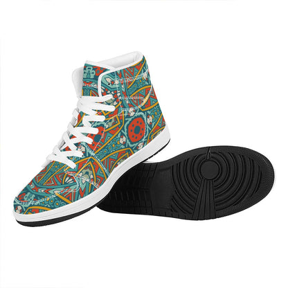 Teal Bohemian Mandala Pattern Print High Top Leather Sneakers