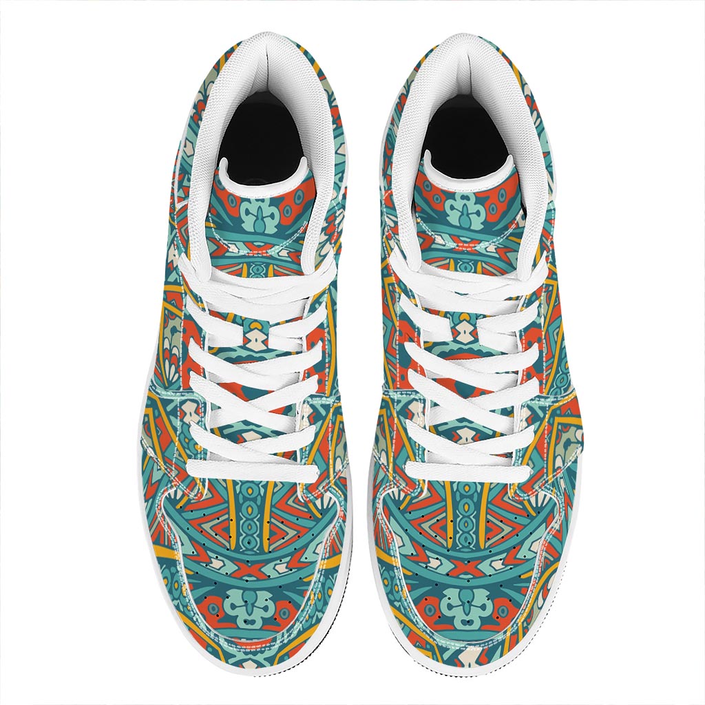 Teal Bohemian Mandala Pattern Print High Top Leather Sneakers