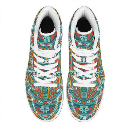 Teal Bohemian Mandala Pattern Print High Top Leather Sneakers