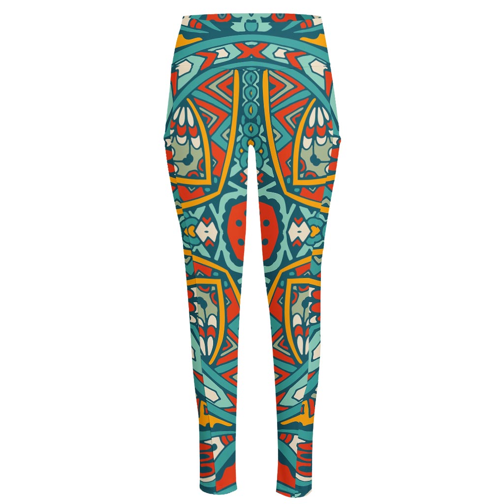 Teal Bohemian Mandala Pattern Print High-Waisted Pocket Leggings
