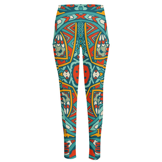 Teal Bohemian Mandala Pattern Print High-Waisted Pocket Leggings