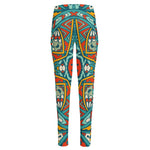Teal Bohemian Mandala Pattern Print High-Waisted Pocket Leggings